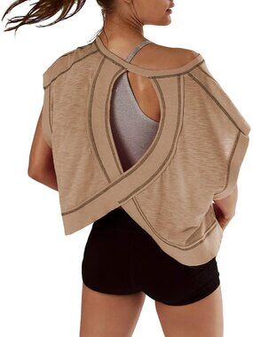 👑 Women's Khaki Short Sleeve Open Back Workout Y2K Slouchy Athletic Gym Tops